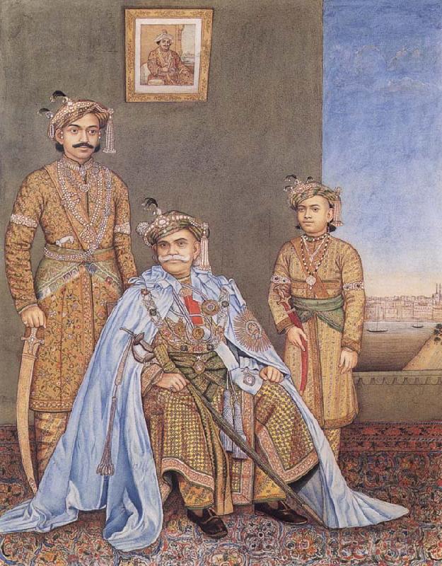 Madho Prasad,Ramnagar His Highness Ishwari Prasad Narayan Singh,Maharaia of Benares Seated,with Prabhu Narayan Singh and Aditya Narayan Singh Standing Behind as well as a p Sweden oil painting art